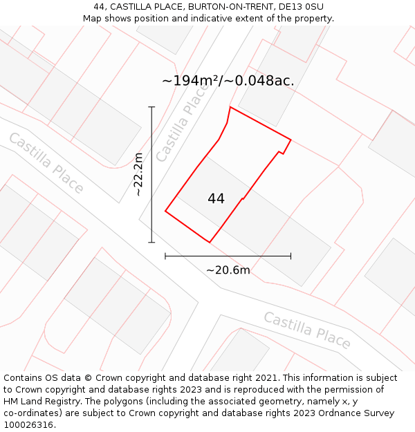 44, CASTILLA PLACE, BURTON-ON-TRENT, DE13 0SU: Plot and title map