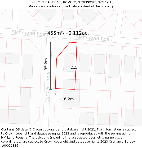 44, CENTRAL DRIVE, ROMILEY, STOCKPORT, SK6 4PH: Plot and title map