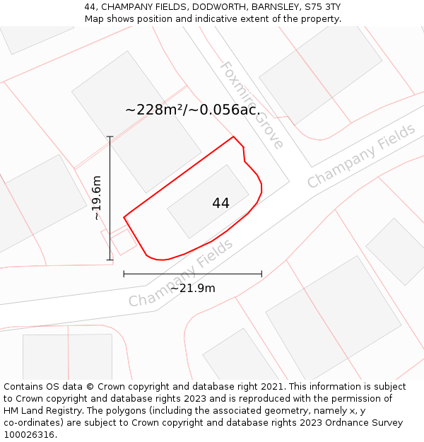 44, CHAMPANY FIELDS, DODWORTH, BARNSLEY, S75 3TY: Plot and title map