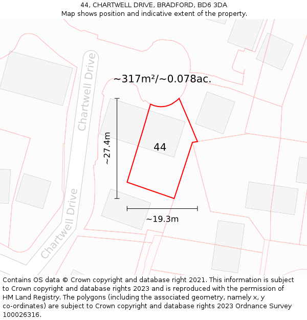 44, CHARTWELL DRIVE, BRADFORD, BD6 3DA: Plot and title map