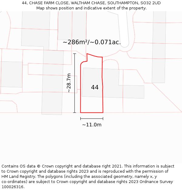 44, CHASE FARM CLOSE, WALTHAM CHASE, SOUTHAMPTON, SO32 2UD: Plot and title map