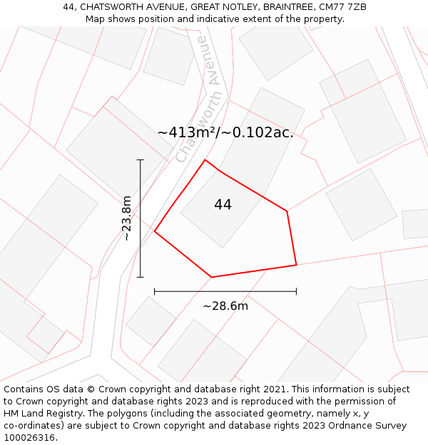 44, CHATSWORTH AVENUE, GREAT NOTLEY, BRAINTREE, CM77 7ZB: Plot and title map