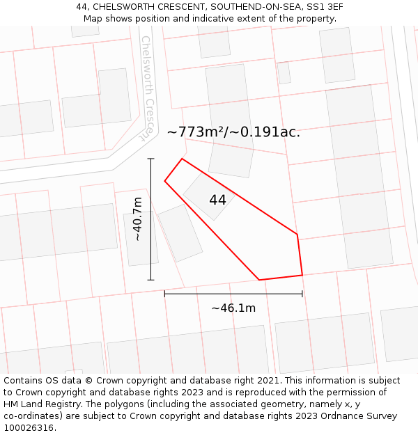 44, CHELSWORTH CRESCENT, SOUTHEND-ON-SEA, SS1 3EF: Plot and title map