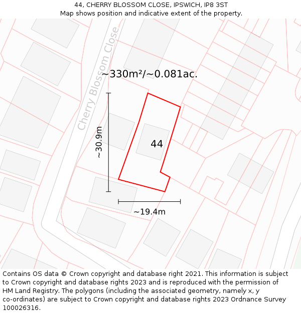 44, CHERRY BLOSSOM CLOSE, IPSWICH, IP8 3ST: Plot and title map