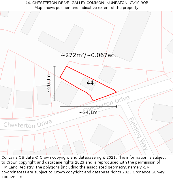 44, CHESTERTON DRIVE, GALLEY COMMON, NUNEATON, CV10 9QR: Plot and title map