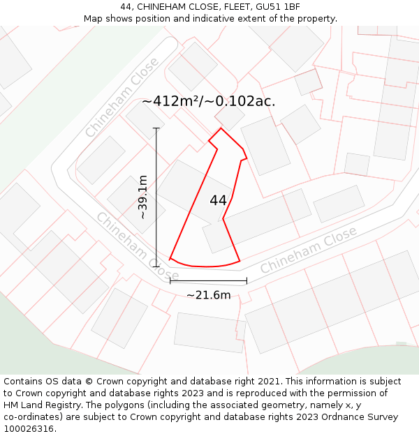 44, CHINEHAM CLOSE, FLEET, GU51 1BF: Plot and title map