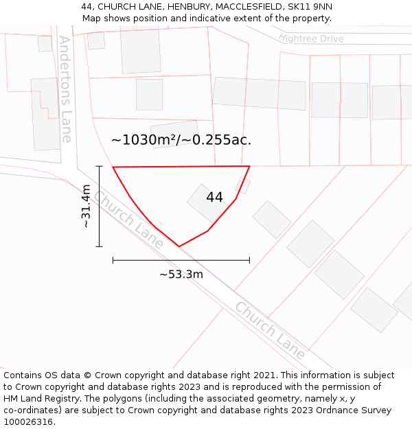 44, CHURCH LANE, HENBURY, MACCLESFIELD, SK11 9NN: Plot and title map