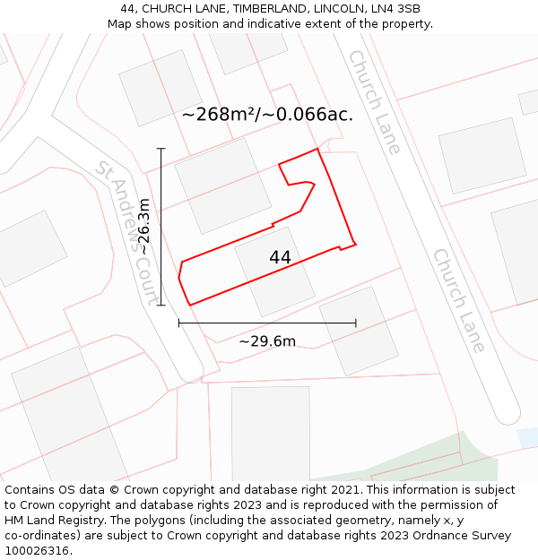 44, CHURCH LANE, TIMBERLAND, LINCOLN, LN4 3SB: Plot and title map