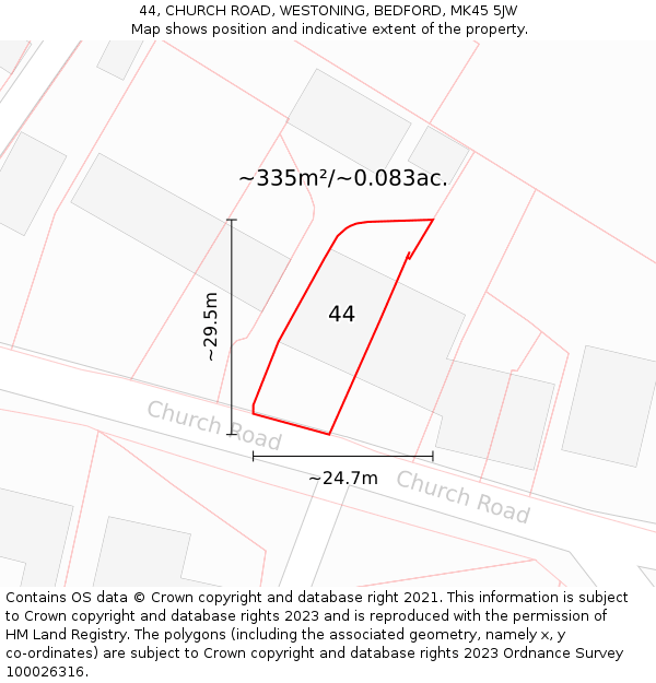 44, CHURCH ROAD, WESTONING, BEDFORD, MK45 5JW: Plot and title map