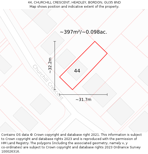 44, CHURCHILL CRESCENT, HEADLEY, BORDON, GU35 8ND: Plot and title map