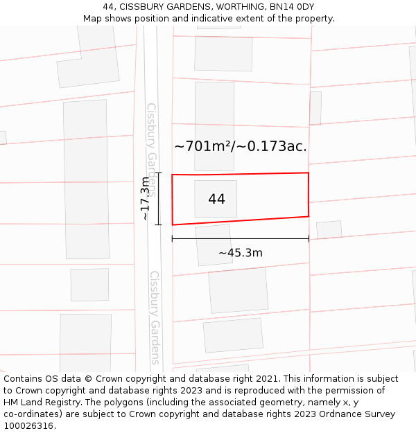 44, CISSBURY GARDENS, WORTHING, BN14 0DY: Plot and title map