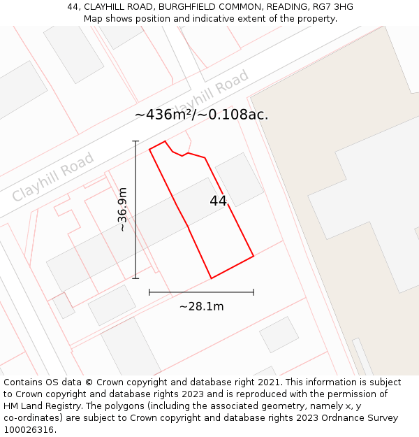44, CLAYHILL ROAD, BURGHFIELD COMMON, READING, RG7 3HG: Plot and title map