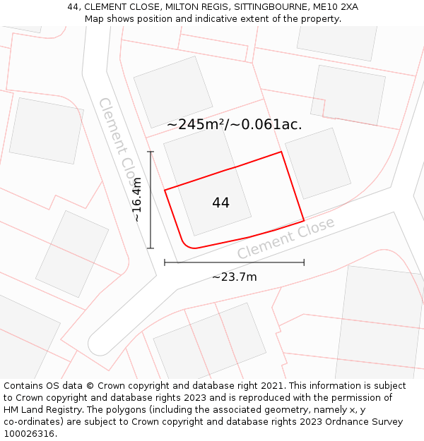 44, CLEMENT CLOSE, MILTON REGIS, SITTINGBOURNE, ME10 2XA: Plot and title map