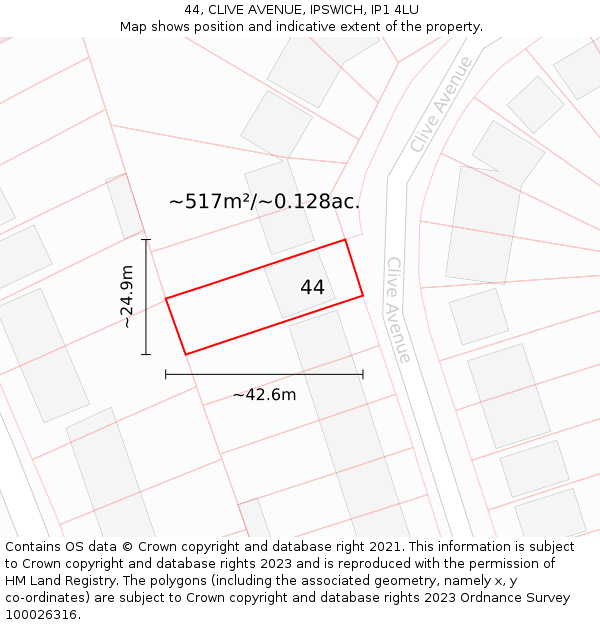 44, CLIVE AVENUE, IPSWICH, IP1 4LU: Plot and title map