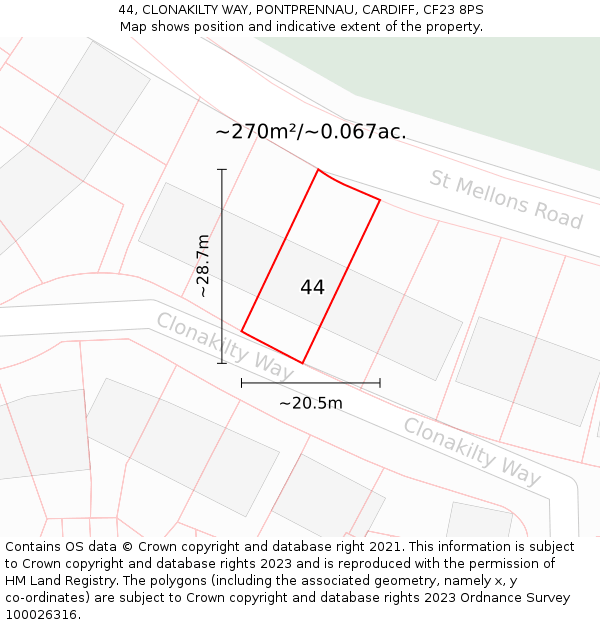 44, CLONAKILTY WAY, PONTPRENNAU, CARDIFF, CF23 8PS: Plot and title map