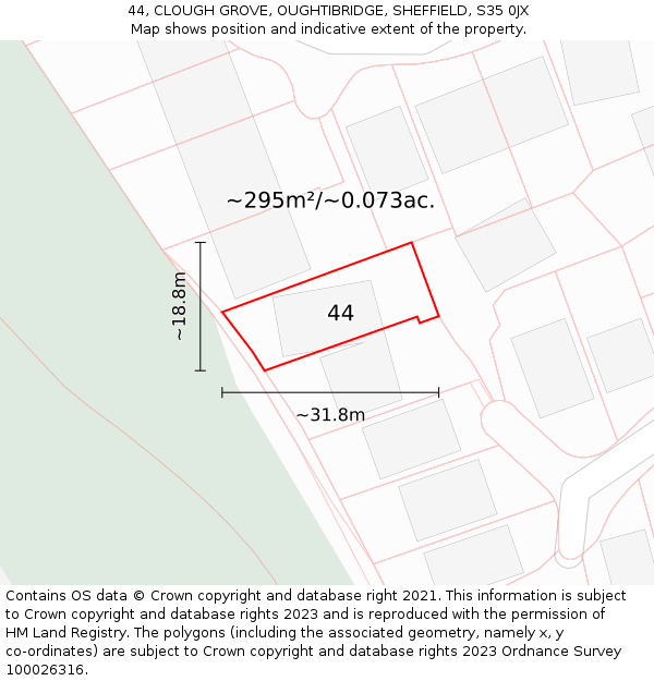 44, CLOUGH GROVE, OUGHTIBRIDGE, SHEFFIELD, S35 0JX: Plot and title map