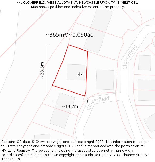 44, CLOVERFIELD, WEST ALLOTMENT, NEWCASTLE UPON TYNE, NE27 0BW: Plot and title map