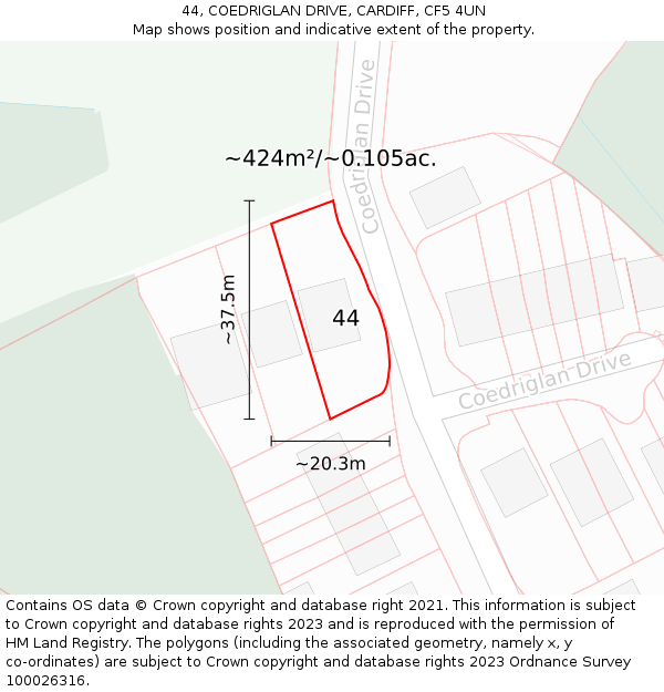44, COEDRIGLAN DRIVE, CARDIFF, CF5 4UN: Plot and title map