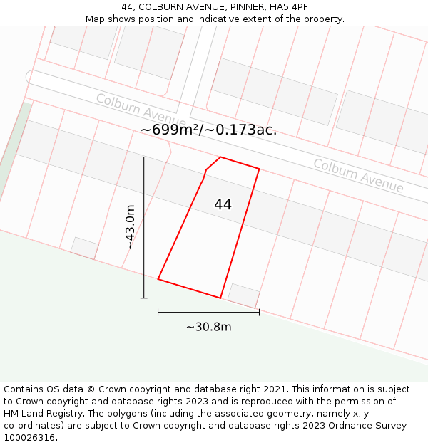 44, COLBURN AVENUE, PINNER, HA5 4PF: Plot and title map