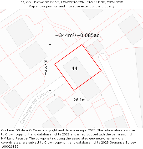 44, COLLINGWOOD DRIVE, LONGSTANTON, CAMBRIDGE, CB24 3GW: Plot and title map