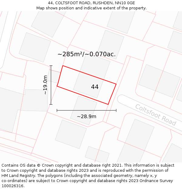 44, COLTSFOOT ROAD, RUSHDEN, NN10 0GE: Plot and title map
