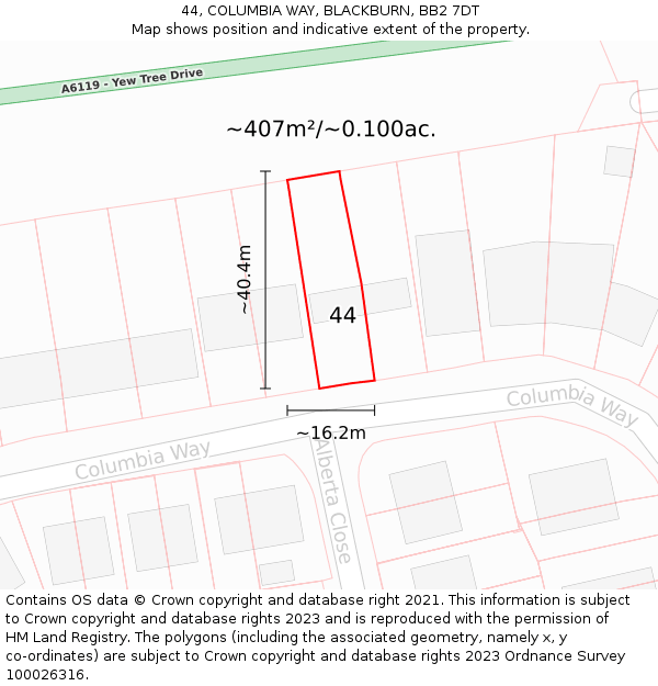 44, COLUMBIA WAY, BLACKBURN, BB2 7DT: Plot and title map