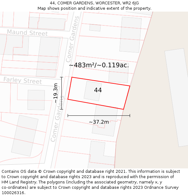 44, COMER GARDENS, WORCESTER, WR2 6JG: Plot and title map