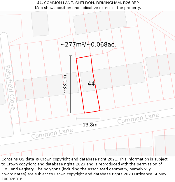 44, COMMON LANE, SHELDON, BIRMINGHAM, B26 3BP: Plot and title map