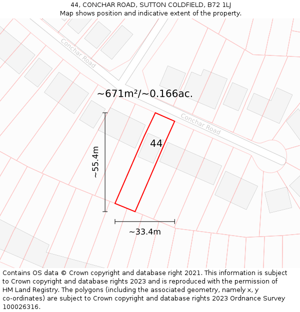 44, CONCHAR ROAD, SUTTON COLDFIELD, B72 1LJ: Plot and title map