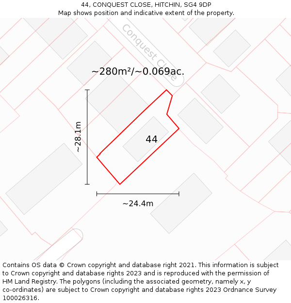 44, CONQUEST CLOSE, HITCHIN, SG4 9DP: Plot and title map