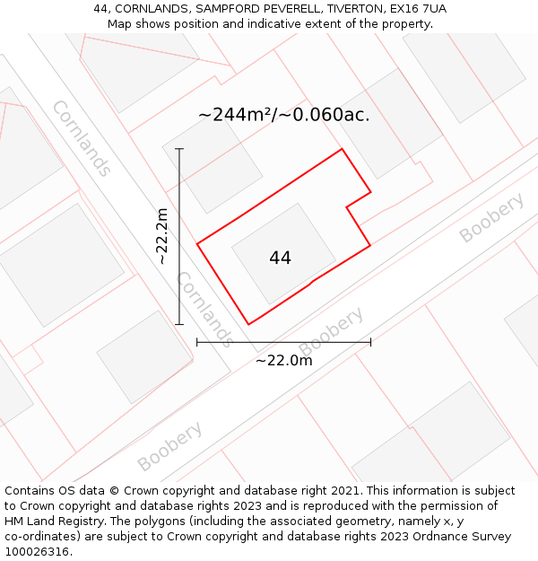 44, CORNLANDS, SAMPFORD PEVERELL, TIVERTON, EX16 7UA: Plot and title map