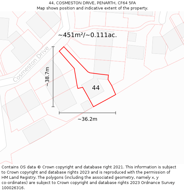 44, COSMESTON DRIVE, PENARTH, CF64 5FA: Plot and title map