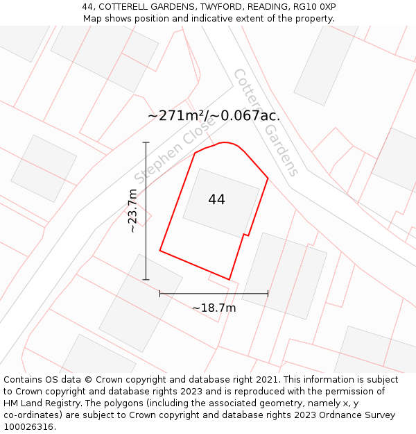 44, COTTERELL GARDENS, TWYFORD, READING, RG10 0XP: Plot and title map