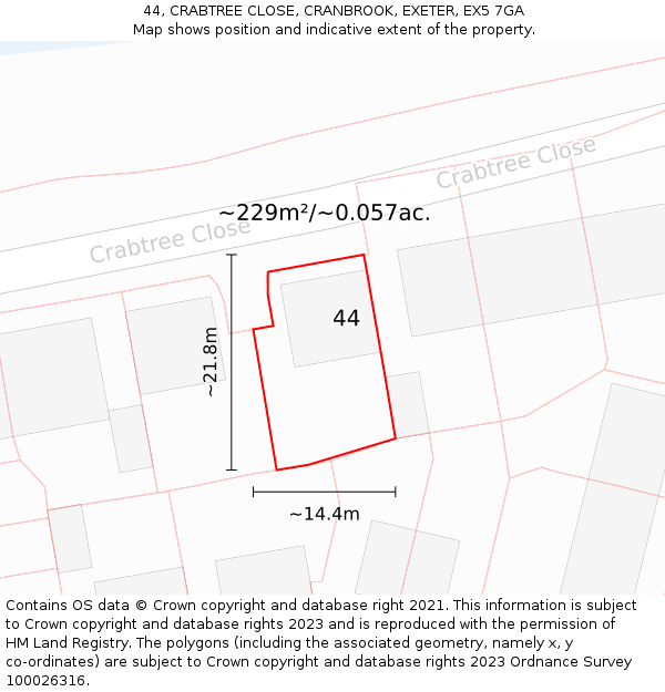 44, CRABTREE CLOSE, CRANBROOK, EXETER, EX5 7GA: Plot and title map