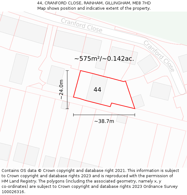 44, CRANFORD CLOSE, RAINHAM, GILLINGHAM, ME8 7HD: Plot and title map