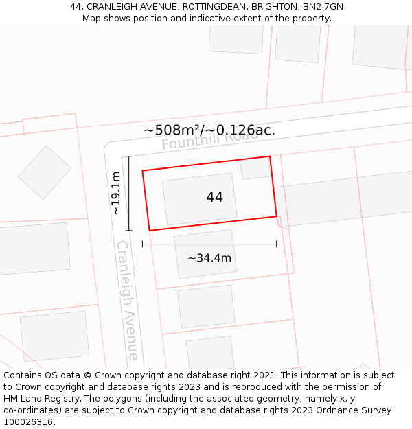 44, CRANLEIGH AVENUE, ROTTINGDEAN, BRIGHTON, BN2 7GN: Plot and title map