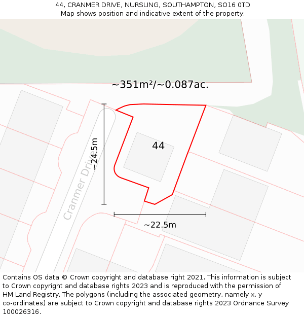 44, CRANMER DRIVE, NURSLING, SOUTHAMPTON, SO16 0TD: Plot and title map