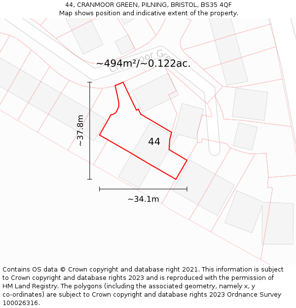 44, CRANMOOR GREEN, PILNING, BRISTOL, BS35 4QF: Plot and title map