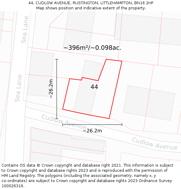 44, CUDLOW AVENUE, RUSTINGTON, LITTLEHAMPTON, BN16 2HF: Plot and title map