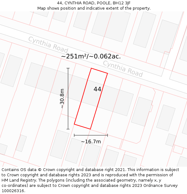 44, CYNTHIA ROAD, POOLE, BH12 3JF: Plot and title map