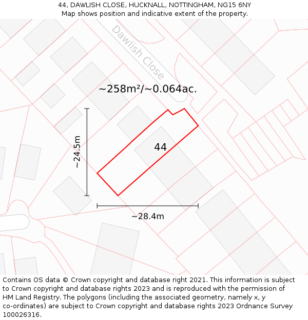 44, DAWLISH CLOSE, HUCKNALL, NOTTINGHAM, NG15 6NY: Plot and title map