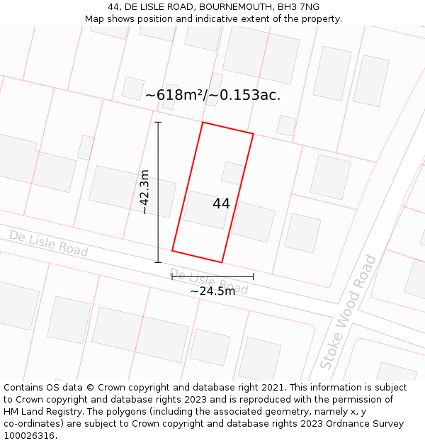 44, DE LISLE ROAD, BOURNEMOUTH, BH3 7NG: Plot and title map