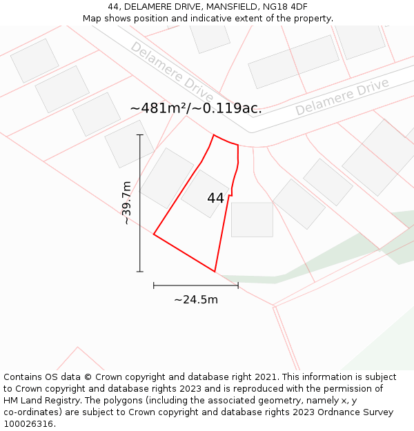 44, DELAMERE DRIVE, MANSFIELD, NG18 4DF: Plot and title map