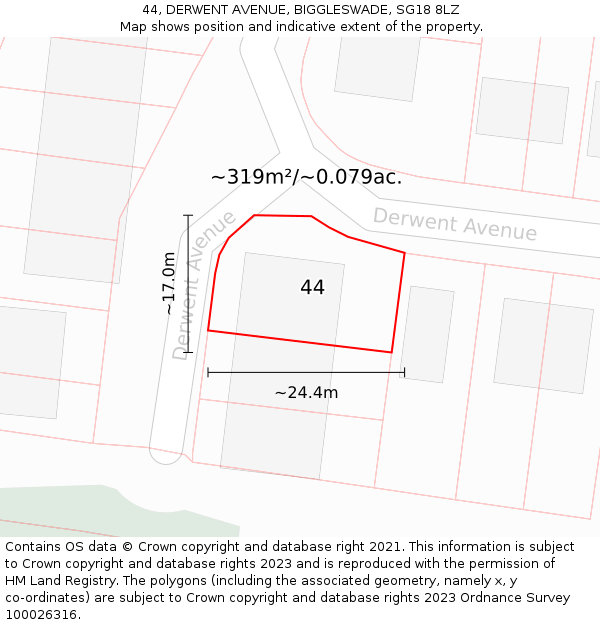 44, DERWENT AVENUE, BIGGLESWADE, SG18 8LZ: Plot and title map