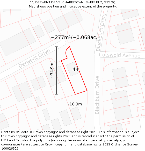 44, DERWENT DRIVE, CHAPELTOWN, SHEFFIELD, S35 2QJ: Plot and title map