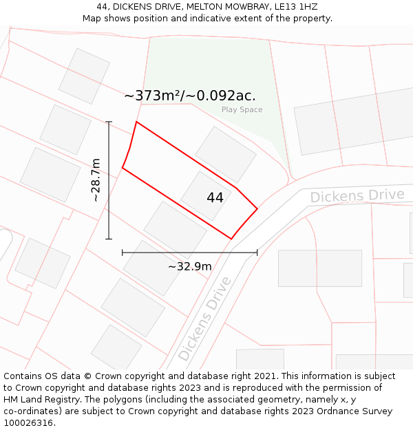 44, DICKENS DRIVE, MELTON MOWBRAY, LE13 1HZ: Plot and title map