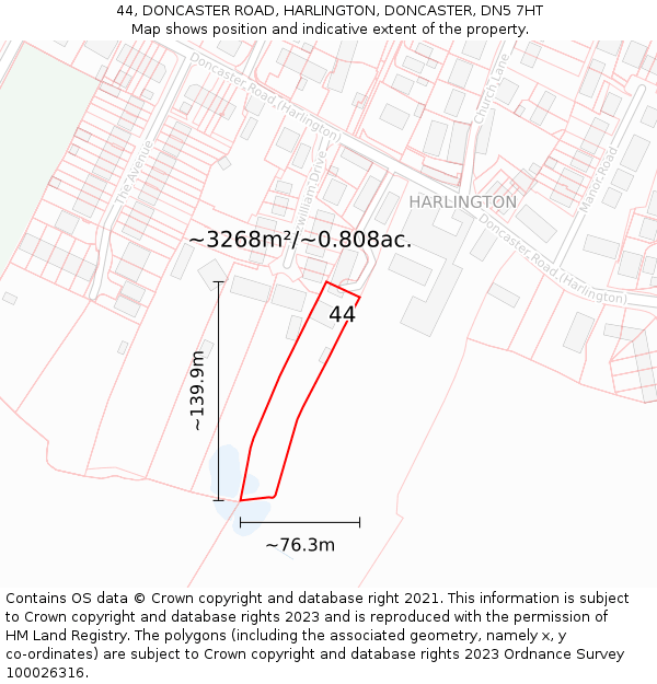 44, DONCASTER ROAD, HARLINGTON, DONCASTER, DN5 7HT: Plot and title map