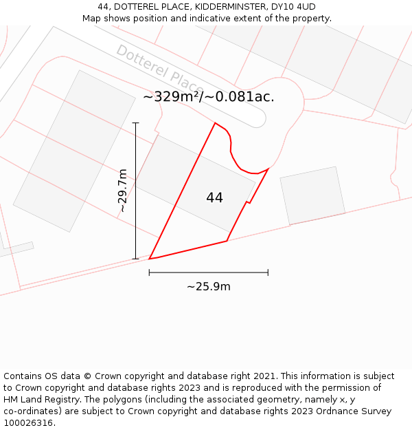 44, DOTTEREL PLACE, KIDDERMINSTER, DY10 4UD: Plot and title map