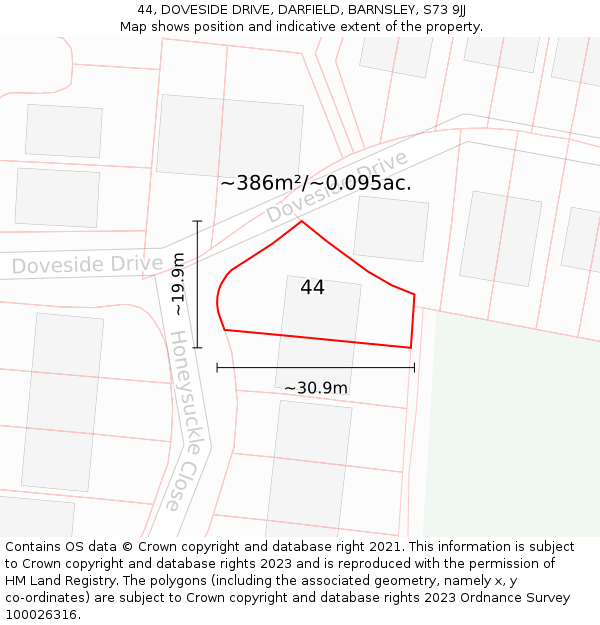 44, DOVESIDE DRIVE, DARFIELD, BARNSLEY, S73 9JJ: Plot and title map