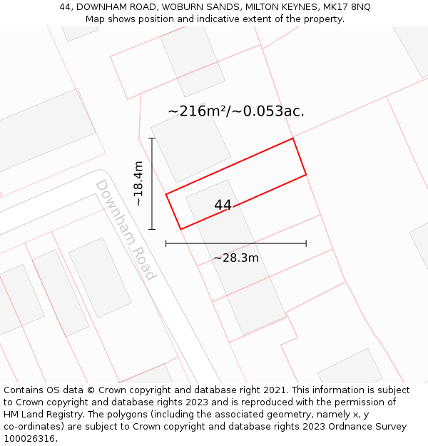 44, DOWNHAM ROAD, WOBURN SANDS, MILTON KEYNES, MK17 8NQ: Plot and title map